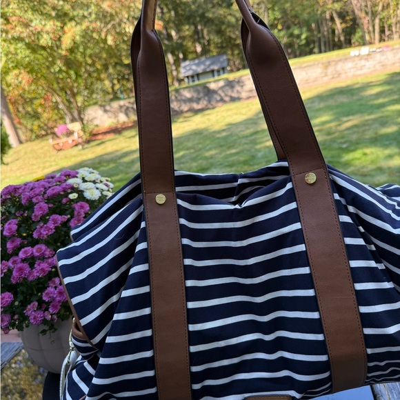 Madden Girl Navy and White Striped Tote with Brown Trim - Picture 3 of 16